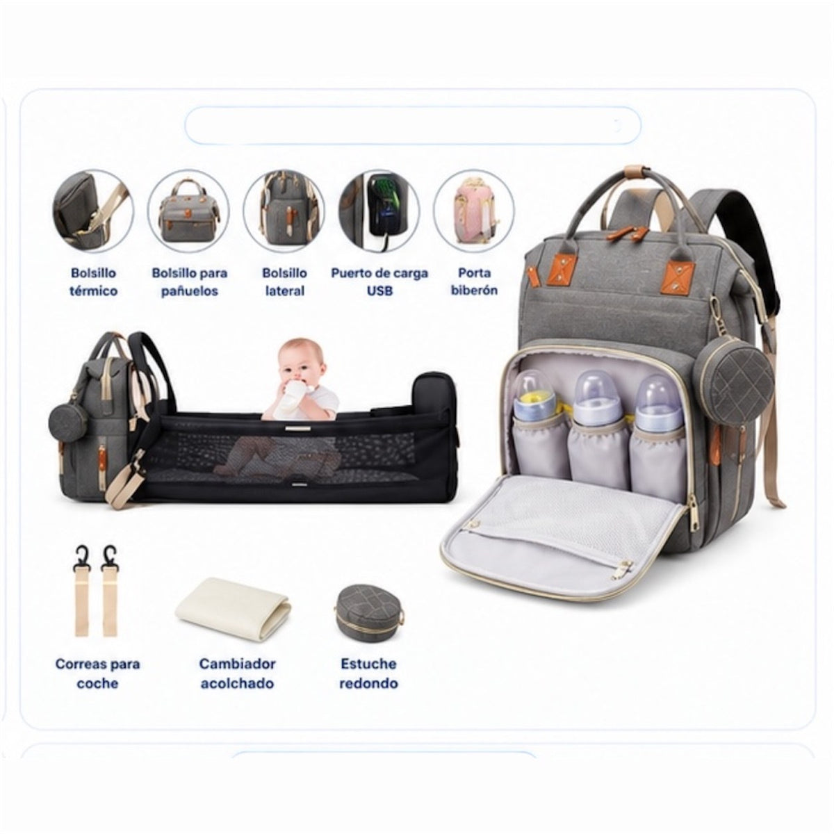 Pañalera Morral con Cambiador y Correas para Coche - imagen 3